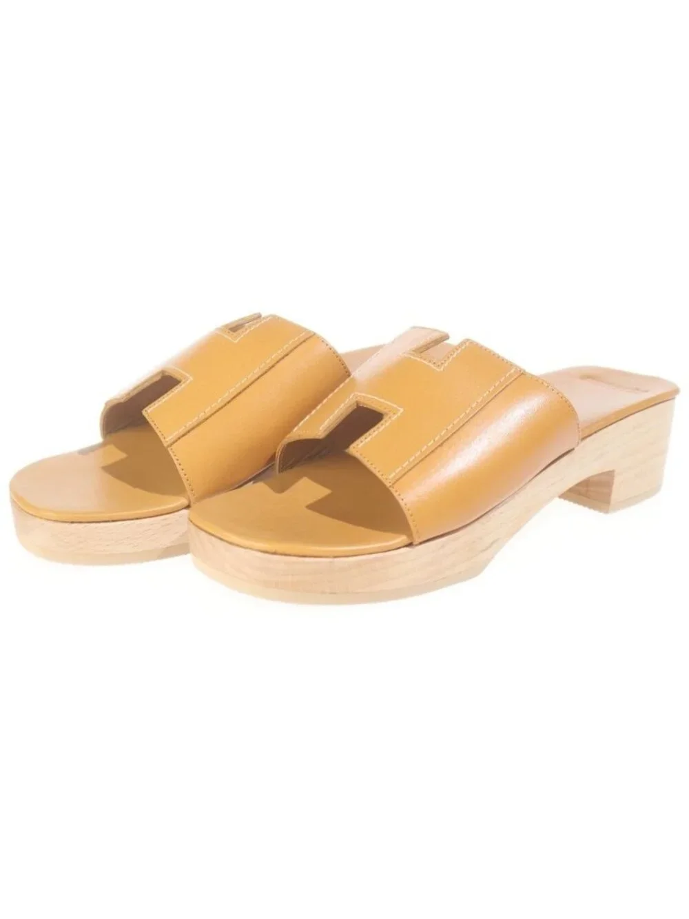 Hermes Logo Kevral Sandals Leather Wood Mules Shoes Brown 35